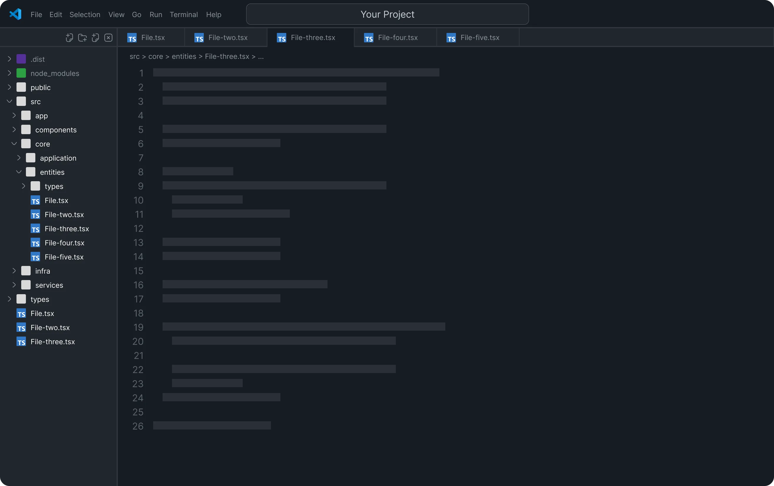 Code editor with the project's files and source code